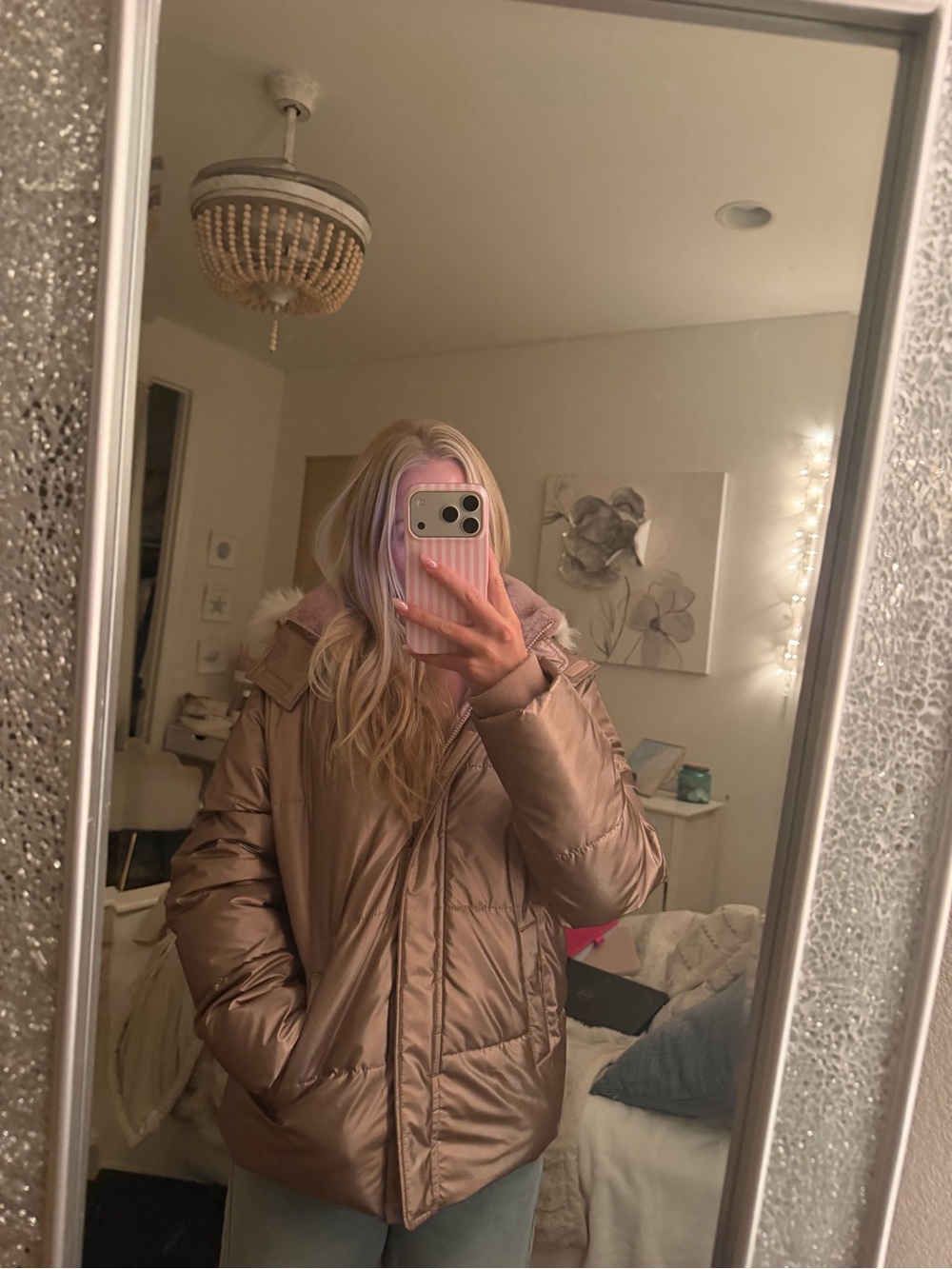 Abercrombie & Fitch Metallic Taupe Hooded Puffer Jacket